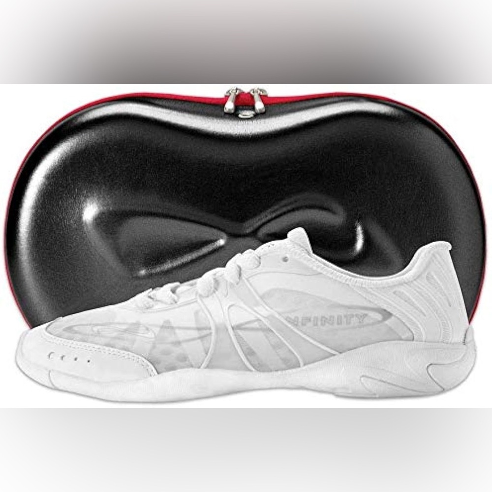 Infinity White Cheer Shoes with Black and Red Case